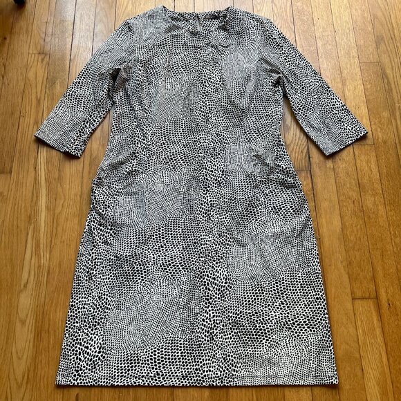 J. McLaughlin Size XL Black & White Animal Print 3/4 Sleeve Bodycon Shift Dress - Picture 2 of 16